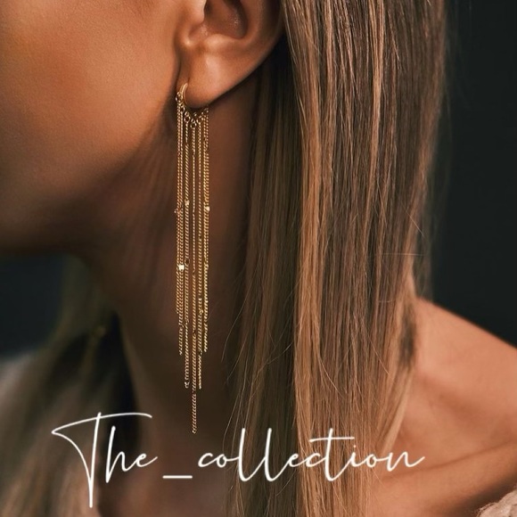 18K GOLD LONG TASSEL HOOP EARRINGS - Picture 2 of 3